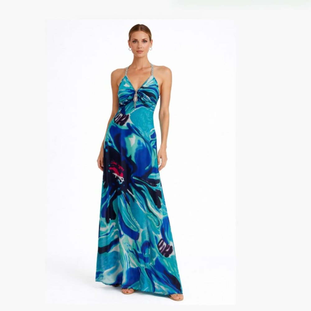 Morgan & Co Blue Green Chiffon Maxi Dress Rhinestone Straps Size 9/10 ⚠️ Repair